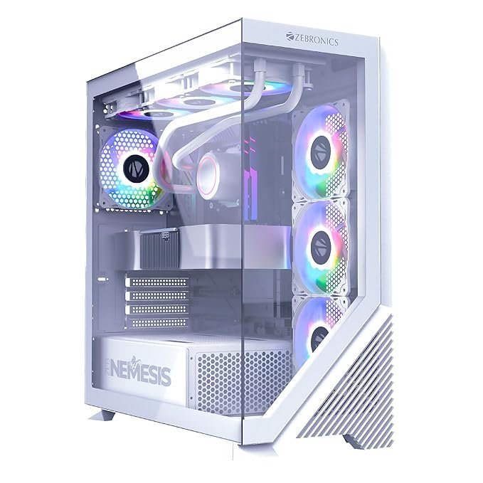 1-2.jpg ZEBRONICS Nemesis Premium Gaming Cabinet, Mid-Tower, Supports ATX | mATX, Front + Side Tempered Glass, USB 3.0 (White) - Image 1