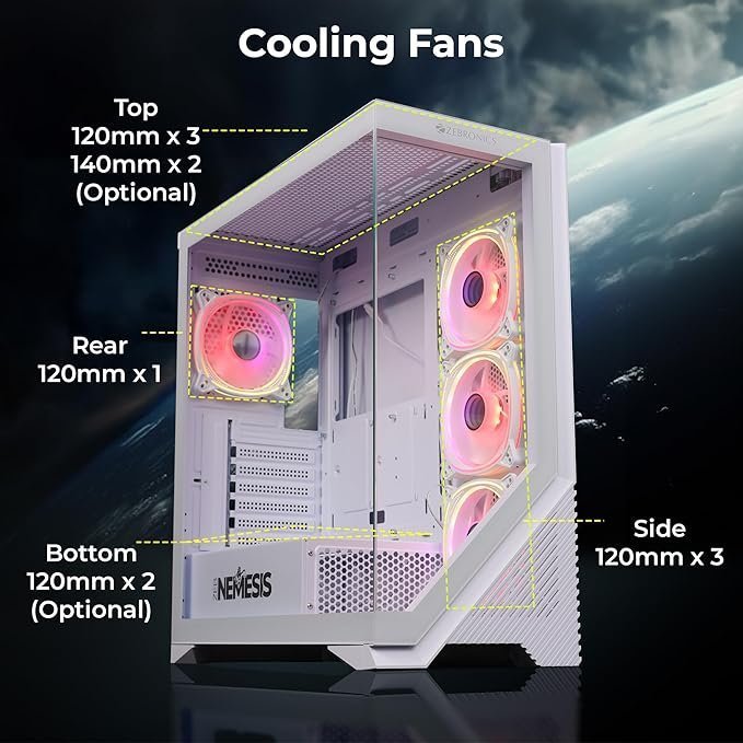 2-2.jpg ZEBRONICS Nemesis Premium Gaming Cabinet, Mid-Tower, Supports ATX | mATX, Front + Side Tempered Glass, USB 3.0 (White) - Image 2