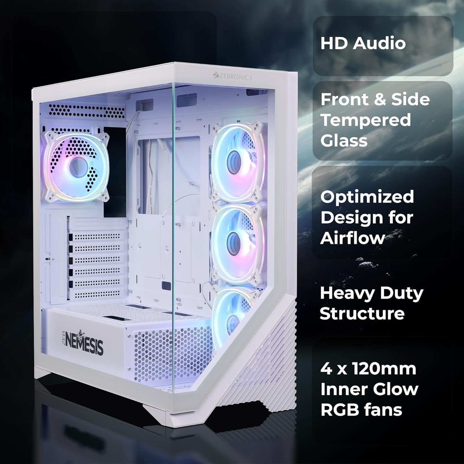 3-2.jpg ZEBRONICS Nemesis Premium Gaming Cabinet, Mid-Tower, Supports ATX | mATX, Front + Side Tempered Glass, USB 3.0 (White) - Image 3