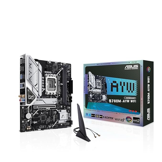 a3 ASUS B760M-AYW WiFi, an Intel B760 LGA 1700 mATX Motherboard with PCIe 4.0, Two PCIe 4.0 M.2 Slots, DDR5, Realtek 2.5Gb Ethernet, WiFi 6, HDMI, SATA 6 Gbps, Front USB 3.2 Gen 1, Aura Sync - Image 1