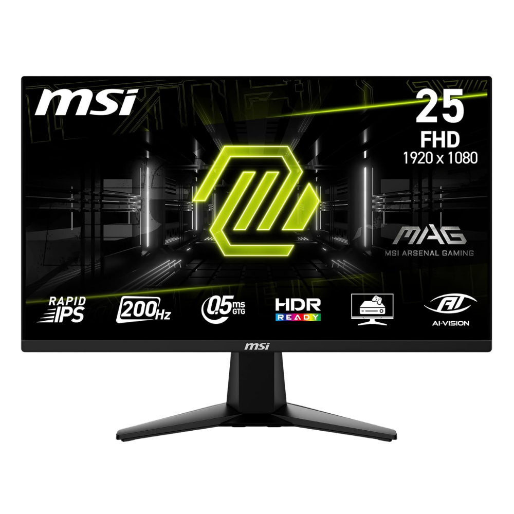 SSK Product Images (8) MSI MAG 255F E20 24.5-Inch FHD 1920x1080 Gaming Monitor, 200Hz, 0.5ms, HDR Ready, AMD FreeSync Premium, Eye Care, AI Vision, HDMI 2.0b, DP 1.2a, Frame-Less, Tilt Adjustable, Vesa Mount, Black - Image 1